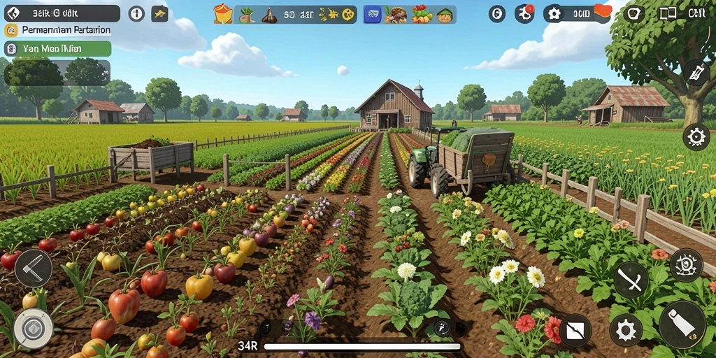 Tampilan gameplay 34R yang menampilkan aktivitas bertani.