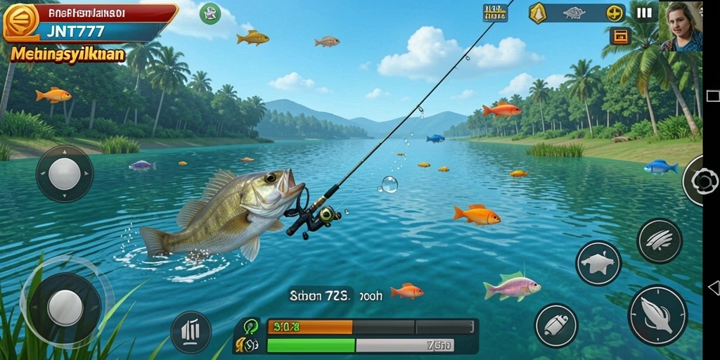 Tampilan gameplay JNT777 dengan berbagai ikan dan pemandangan indah.