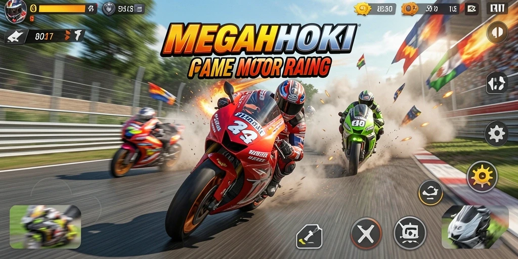 Gameplay seru MEGAHOKI dengan balapan motor yang intens.