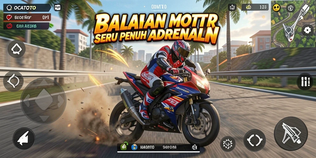 Screenshot gameplay OCATOTO menampilkan balapan motor yang seru dan penuh aksi.