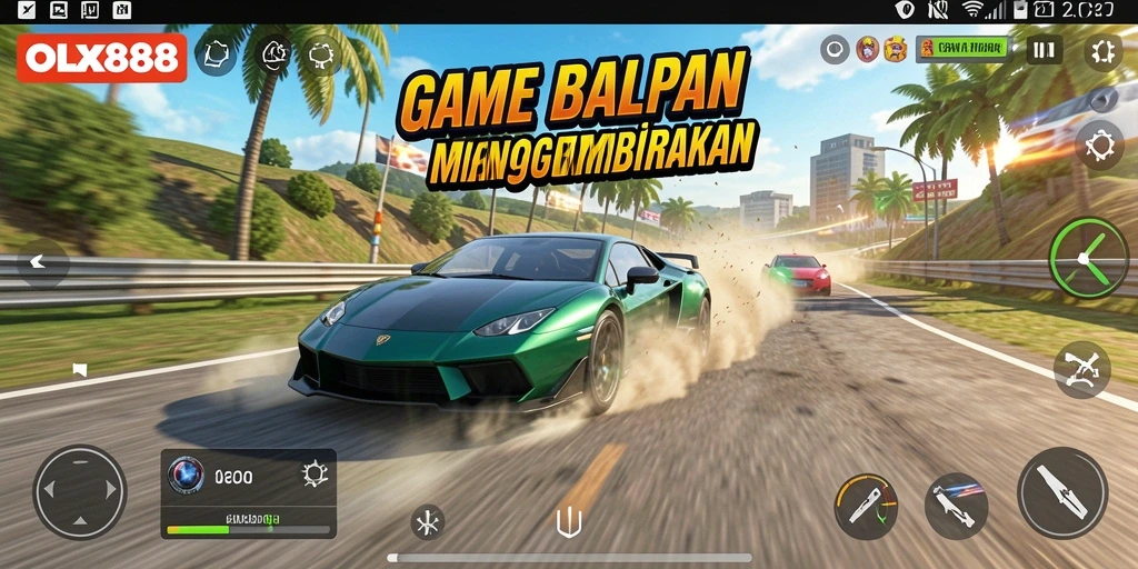 Tampilan gameplay balapan seru dari OLX888 dengan mobil yang melaju cepat.