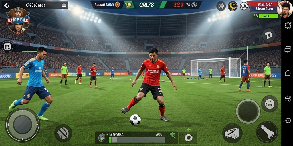Screenshot gameplay ORA78 menampilkan aksi seru di lapangan sepak bola.
